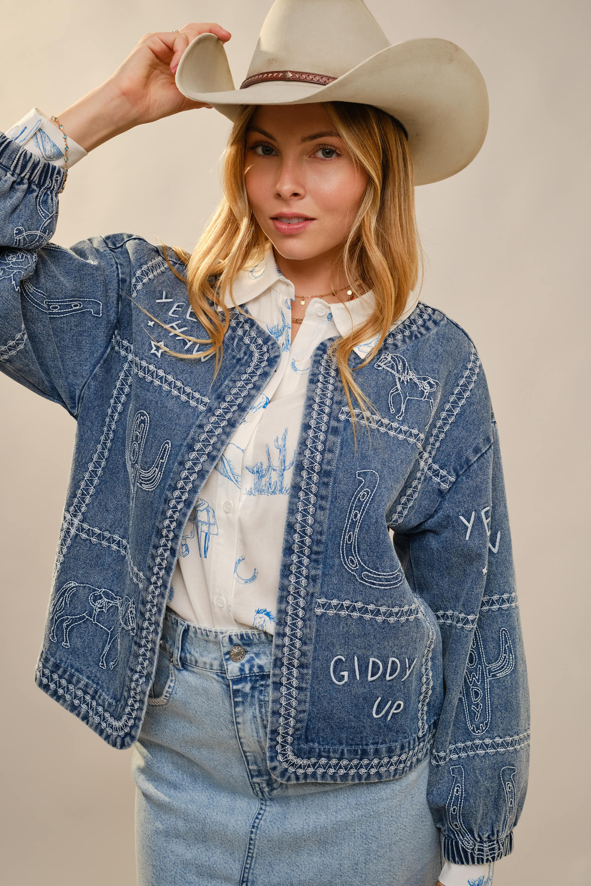 Western Embroidery Puff Sleeve Denim Jacket