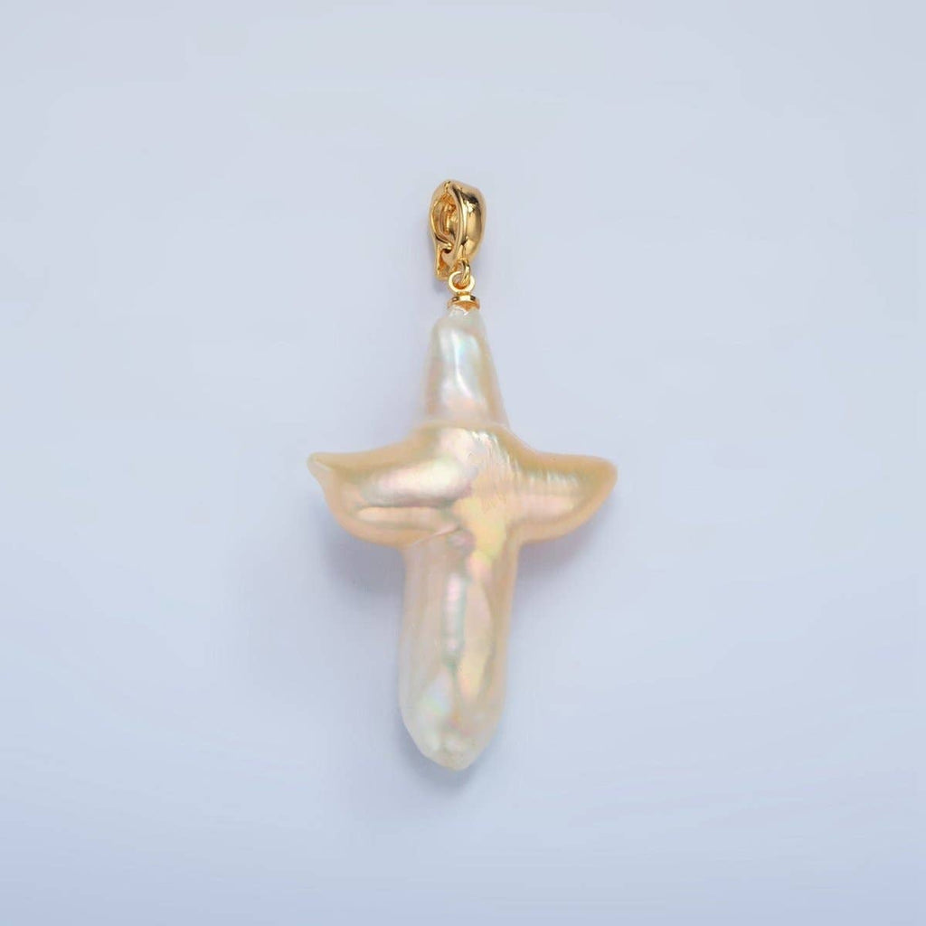 24K Gold Filled White Freshwater Pearl Religious Cross Pendant | P1762