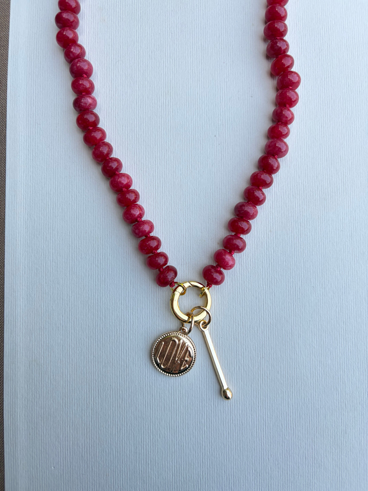 Red Beaded Charm Necklace with Gold Charms