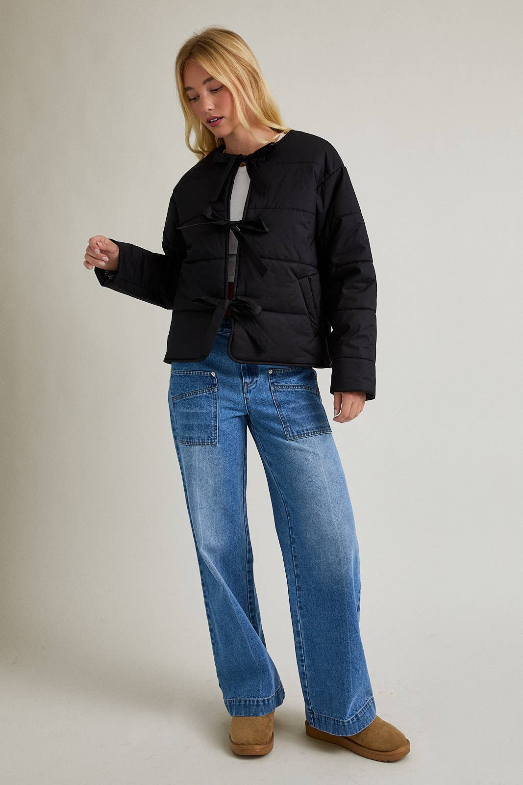 Puffer Jacket with Ribbon Tie on the Front