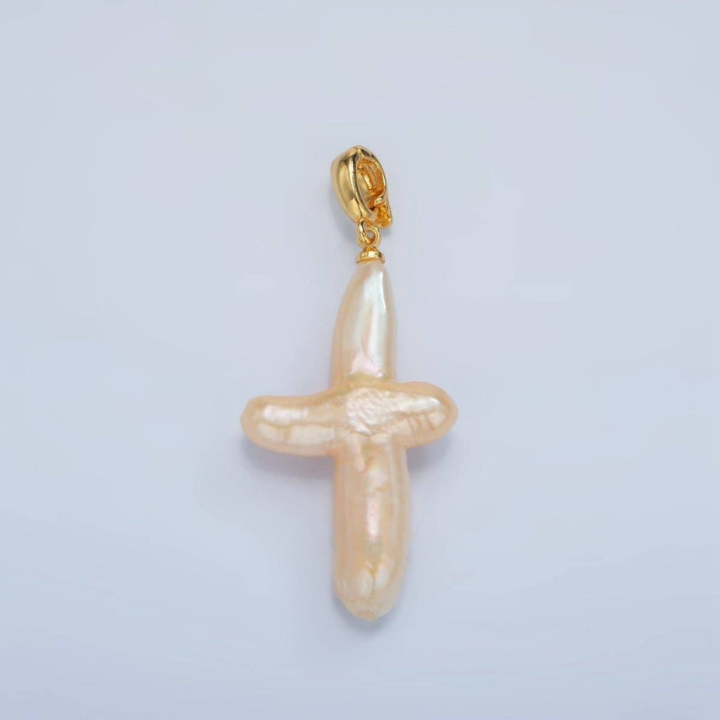 24K Gold Filled White Freshwater Pearl Religious Cross Pendant | P1762