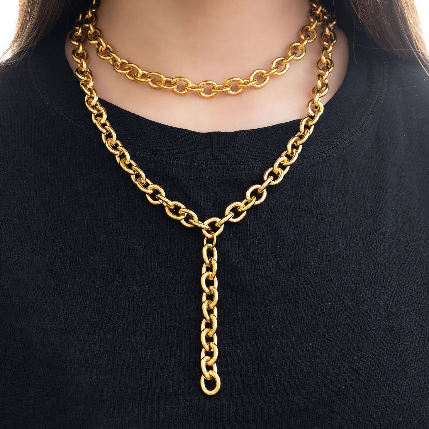 18K Gold PVD Stainless Steel Chunky Chain Lariat Necklace