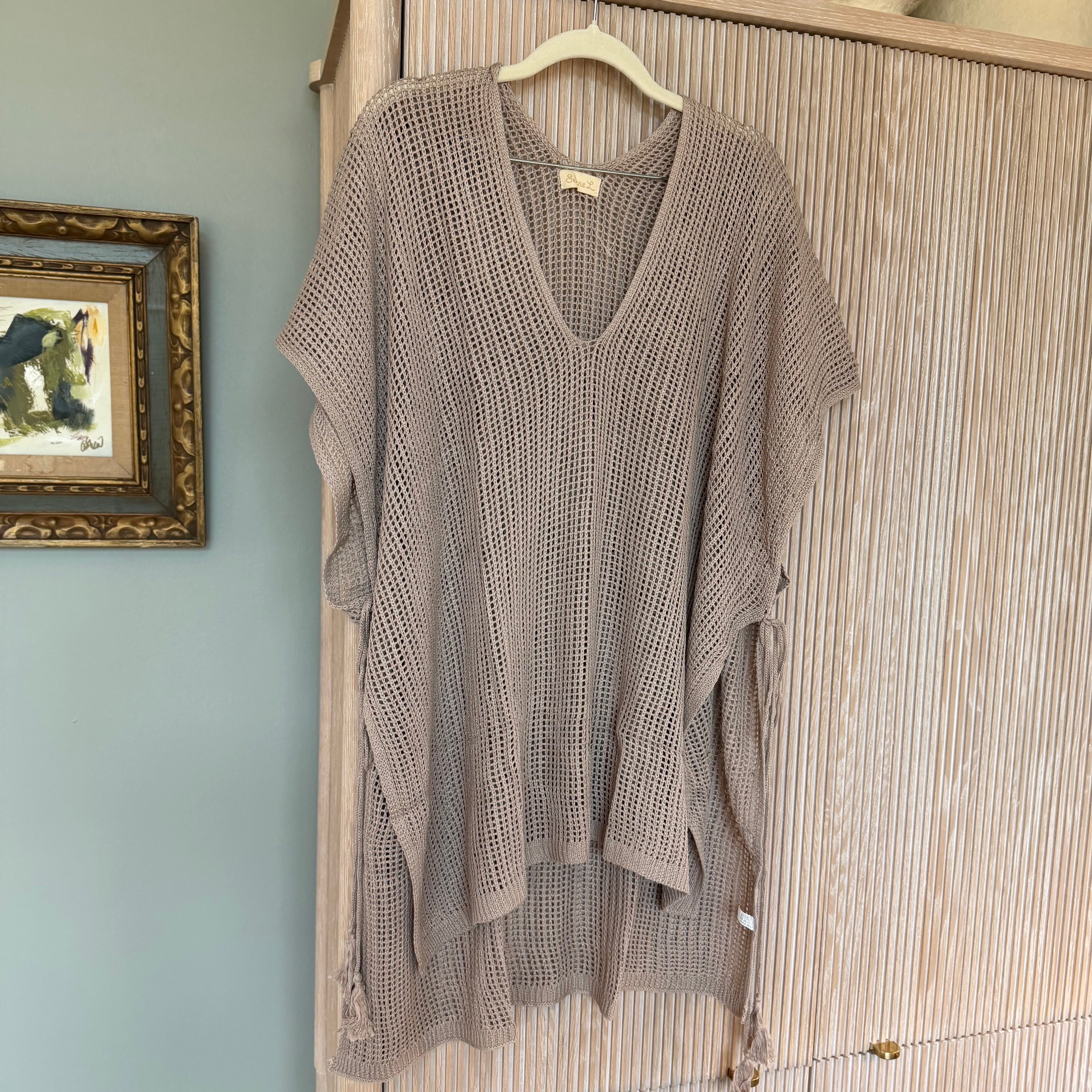 Crochet Beach Cover Up Poncho with Side Ties in Taupe