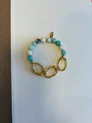 Gold Link Bracelet with Turquoise and Pearl Beads