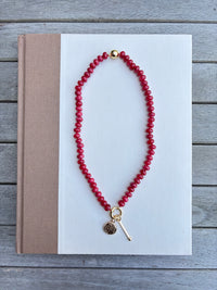 Red Beaded Charm Necklace with Gold Charms