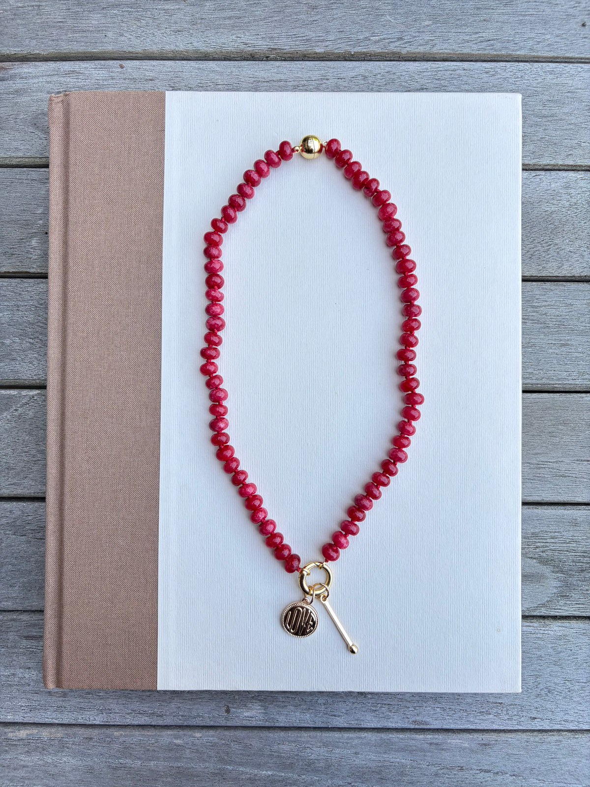 Red Beaded Charm Necklace with Gold Charms