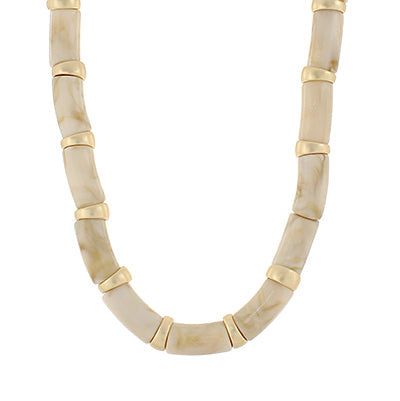 Marble Tube Bead & Metal Ring Necklace in Ivory