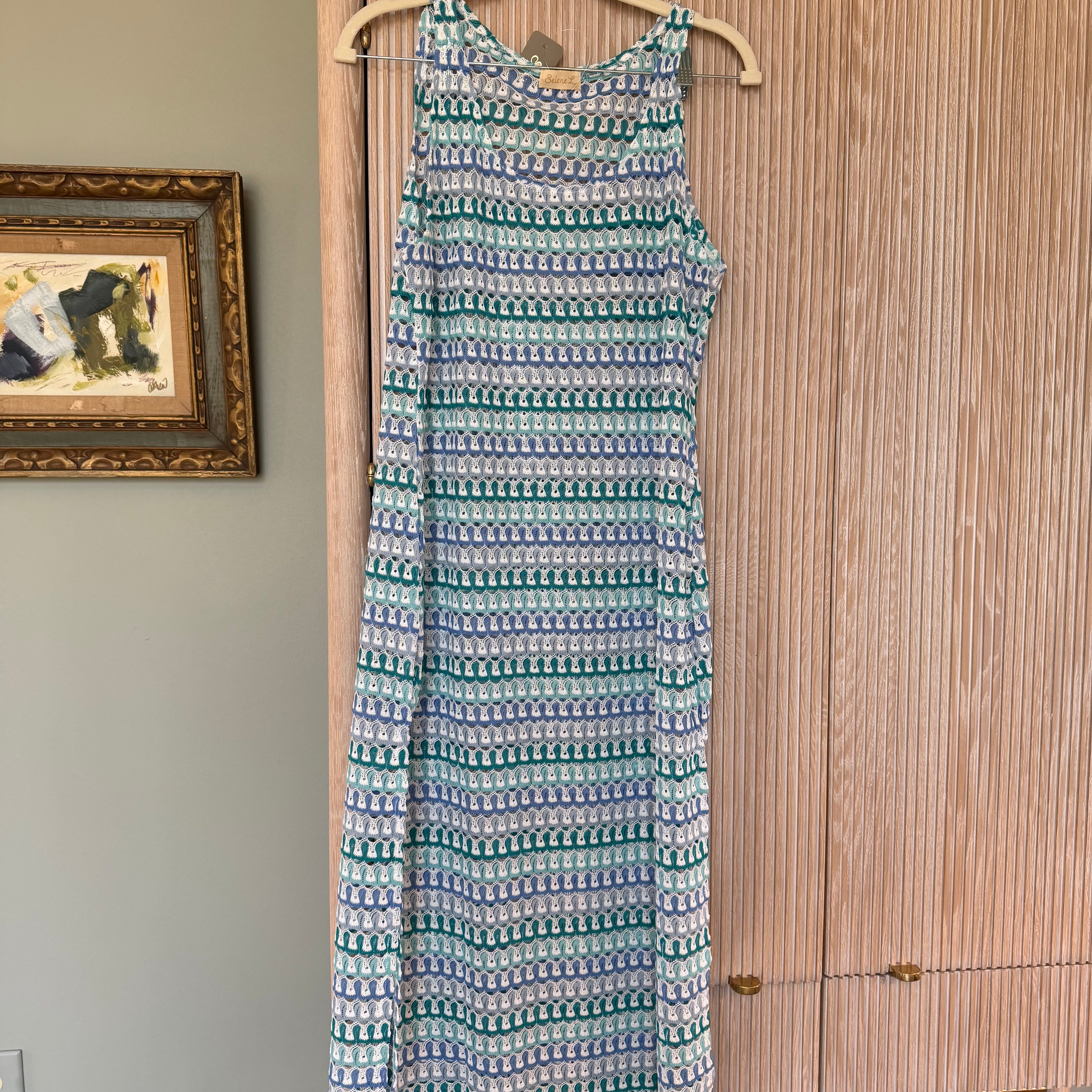 Sleeveless Knit Cover Up in Turquoise Blue Zigzag