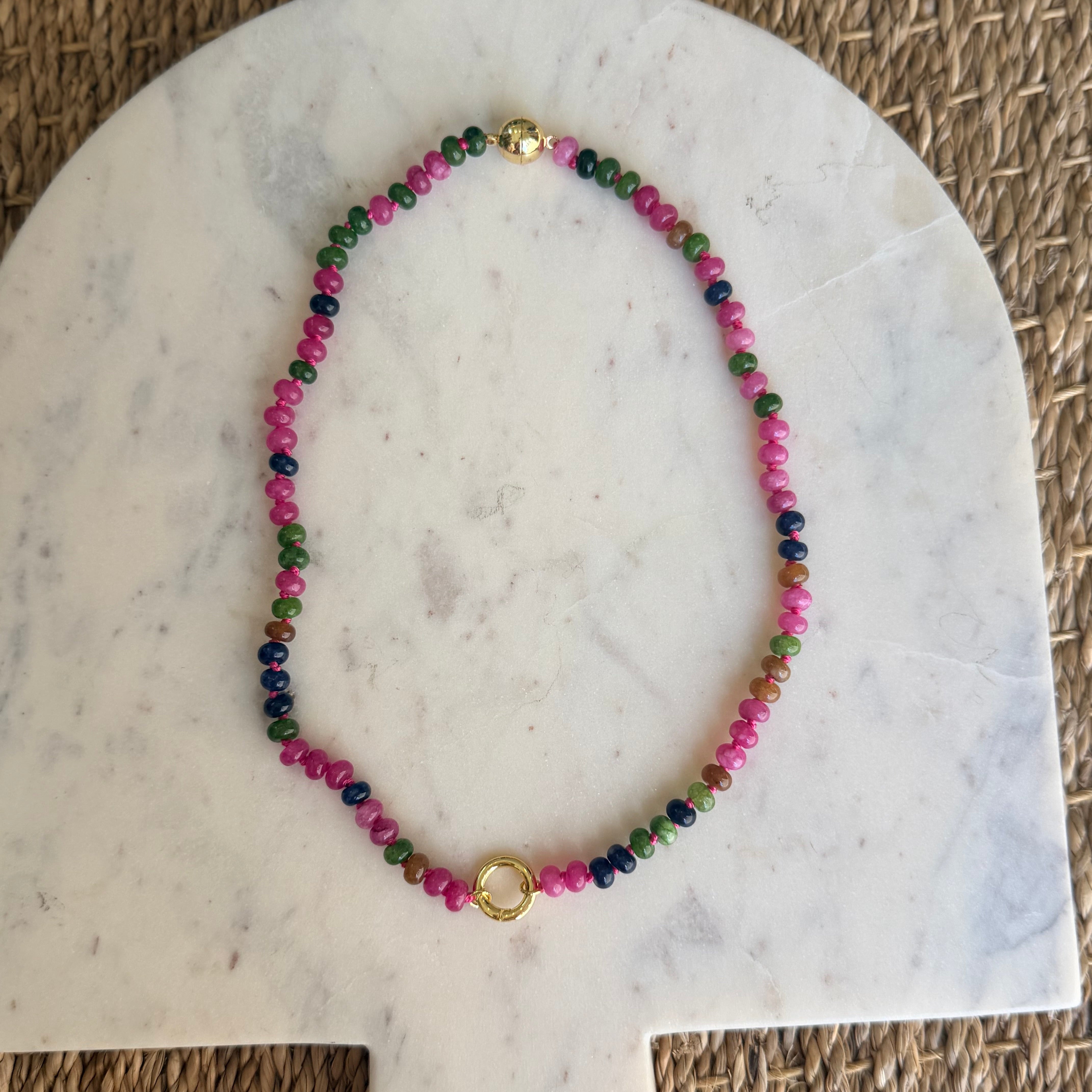 Small Bead Magnetic Clasp Necklace with Ring- Jade Multi