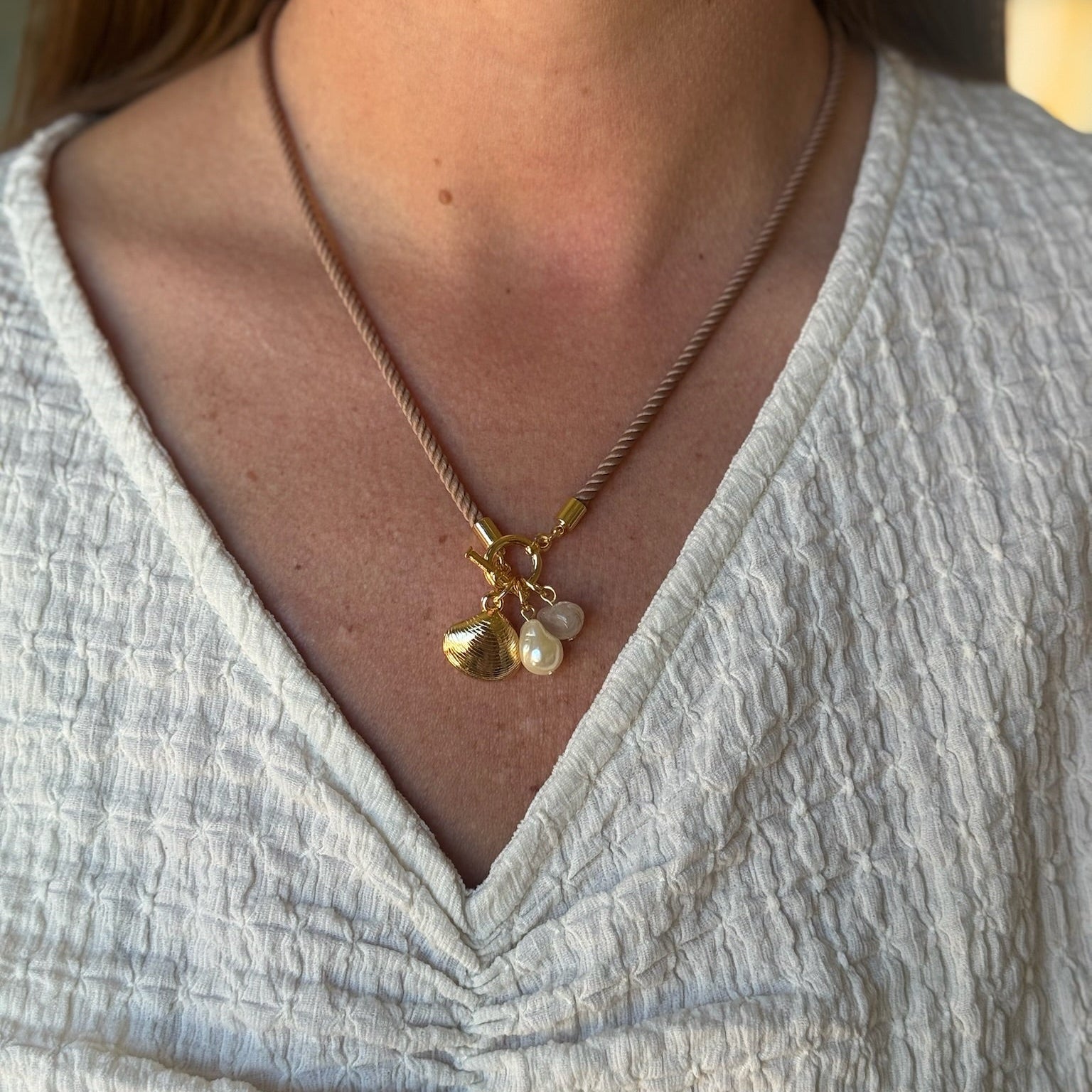 Pearl & Shell Charm Silk Rope Necklace