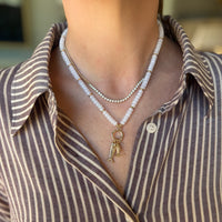 Three Fish Charm Rondelle Bead Necklace in White