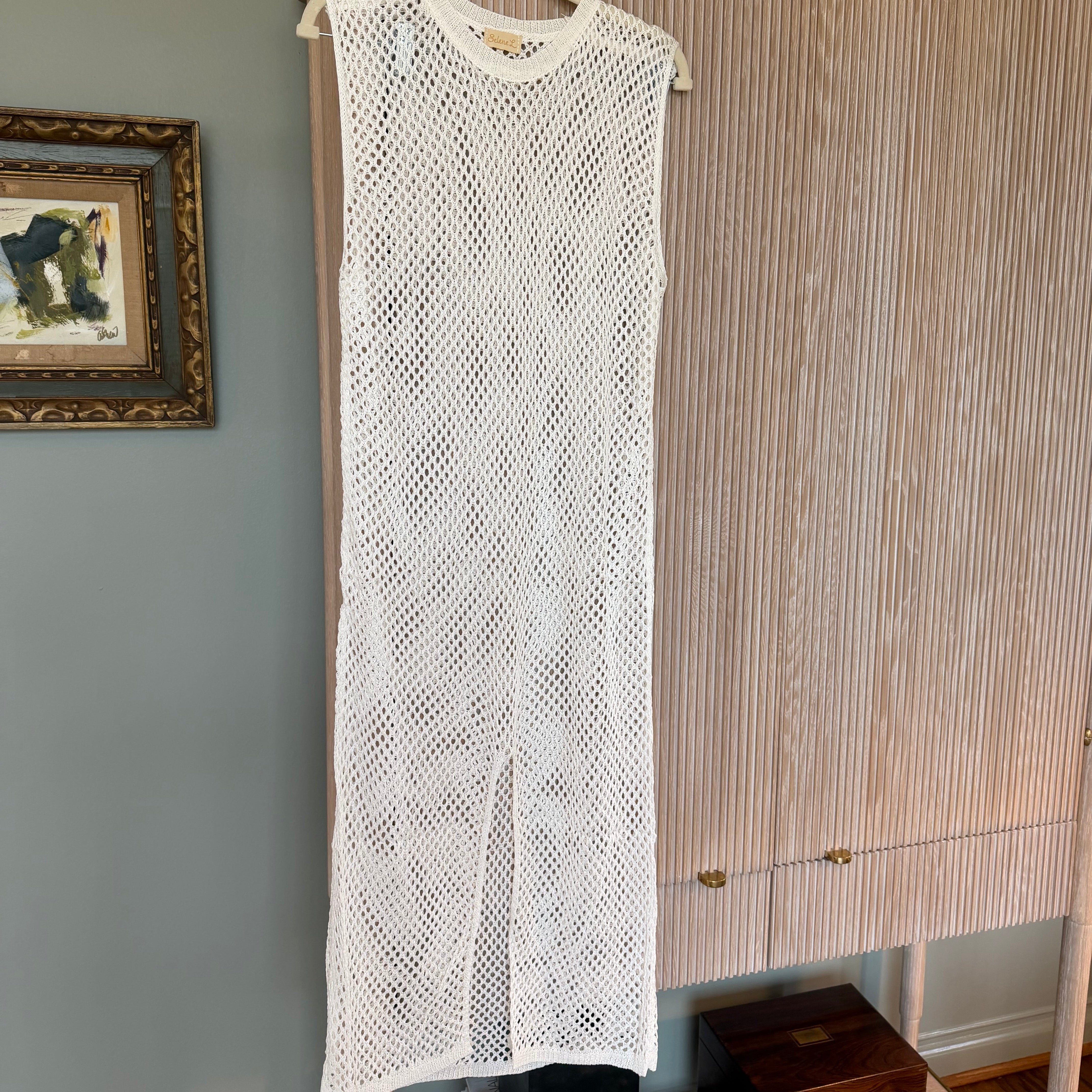 Sleeveless Crochet Front Slit Beach Cover Up in White