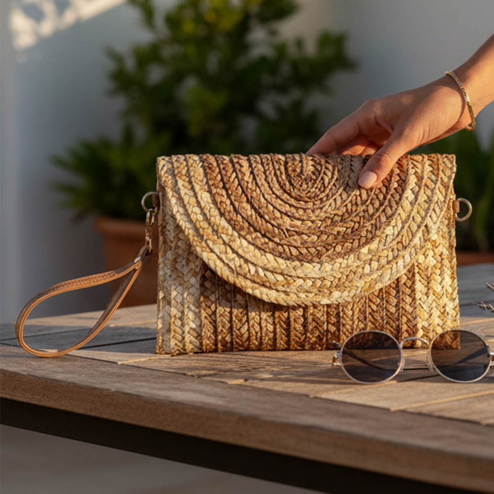 Boho Woven Envelope Wristlet Clutch Crossbody Bag in Natural