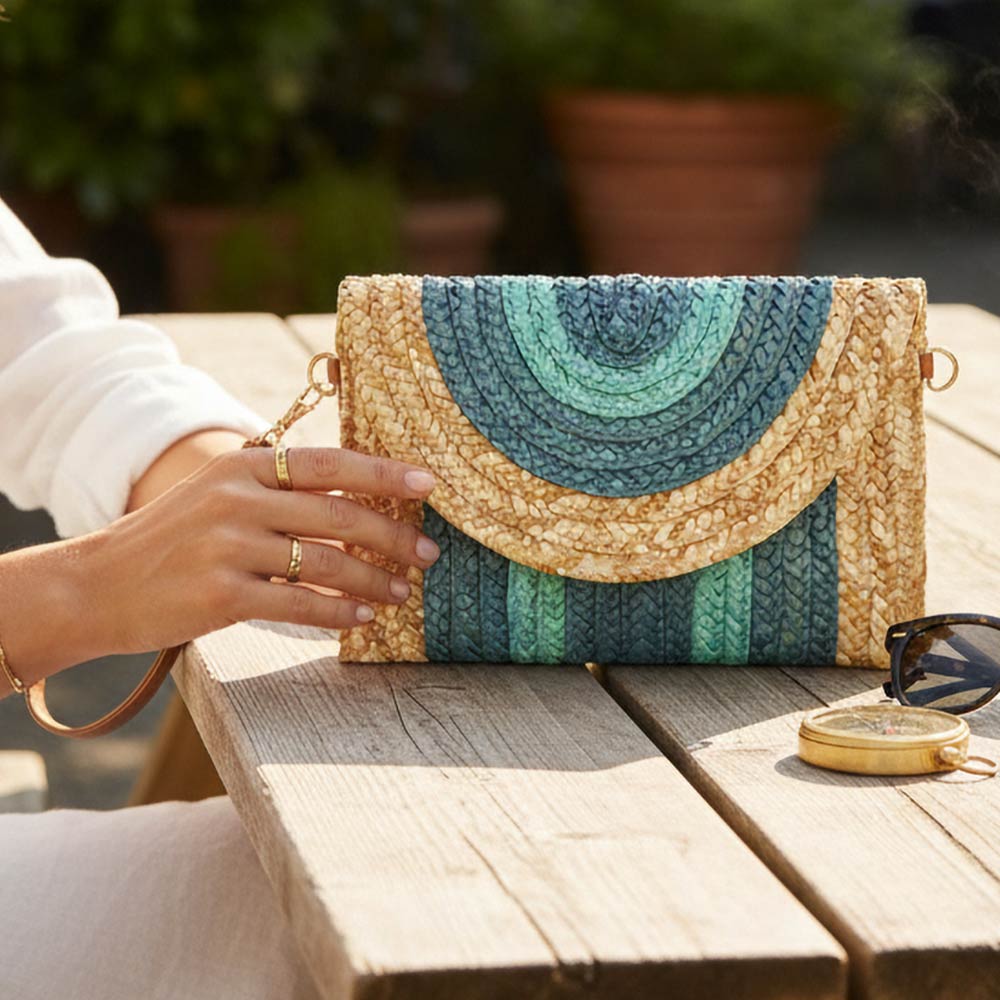 Boho Woven Envelope Wristlet Clutch Crossbody Bag in Blue
