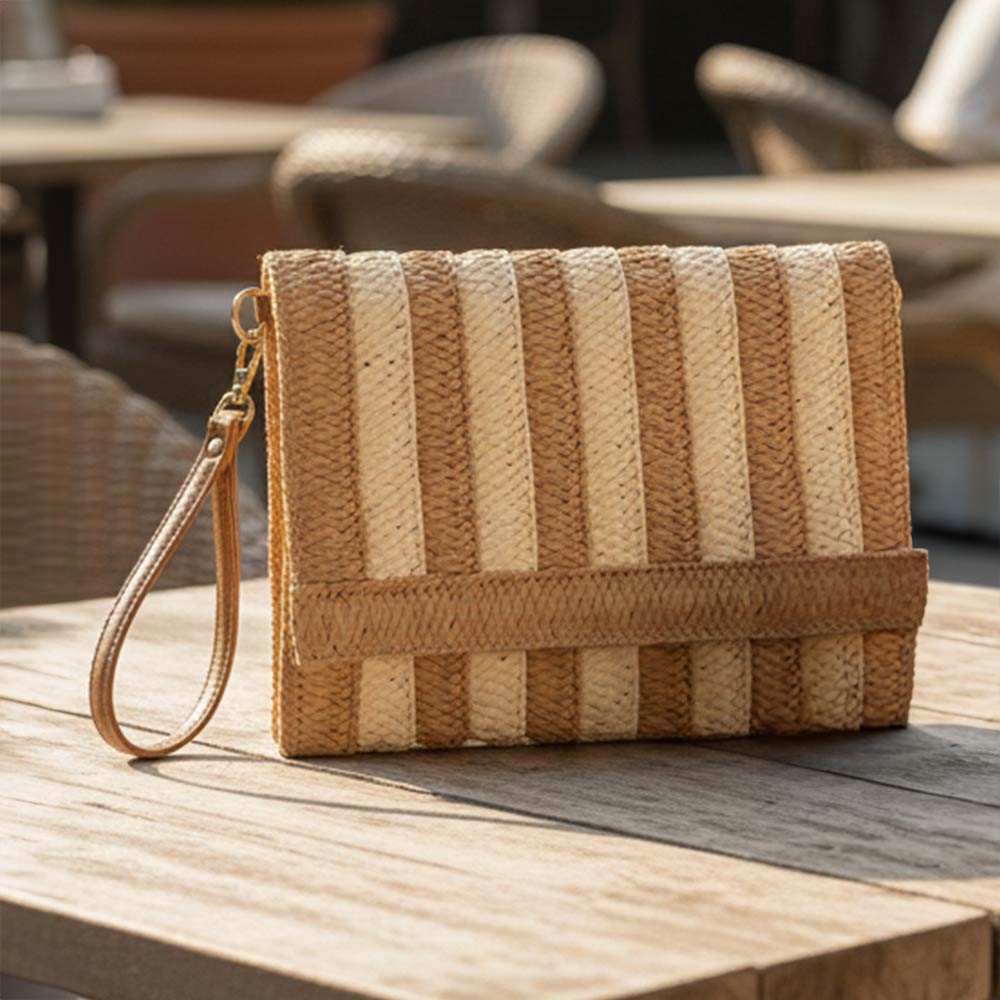 Natural Striped Woven Foldover Wristlet Clutch Crossbody Bag