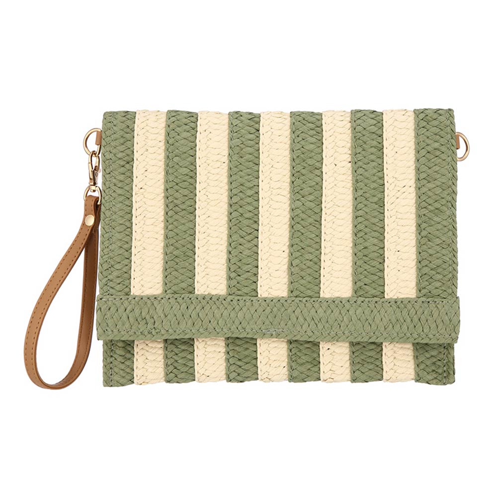 Green/Ivory Striped Woven Foldover Wristlet Clutch Crossbody Bag