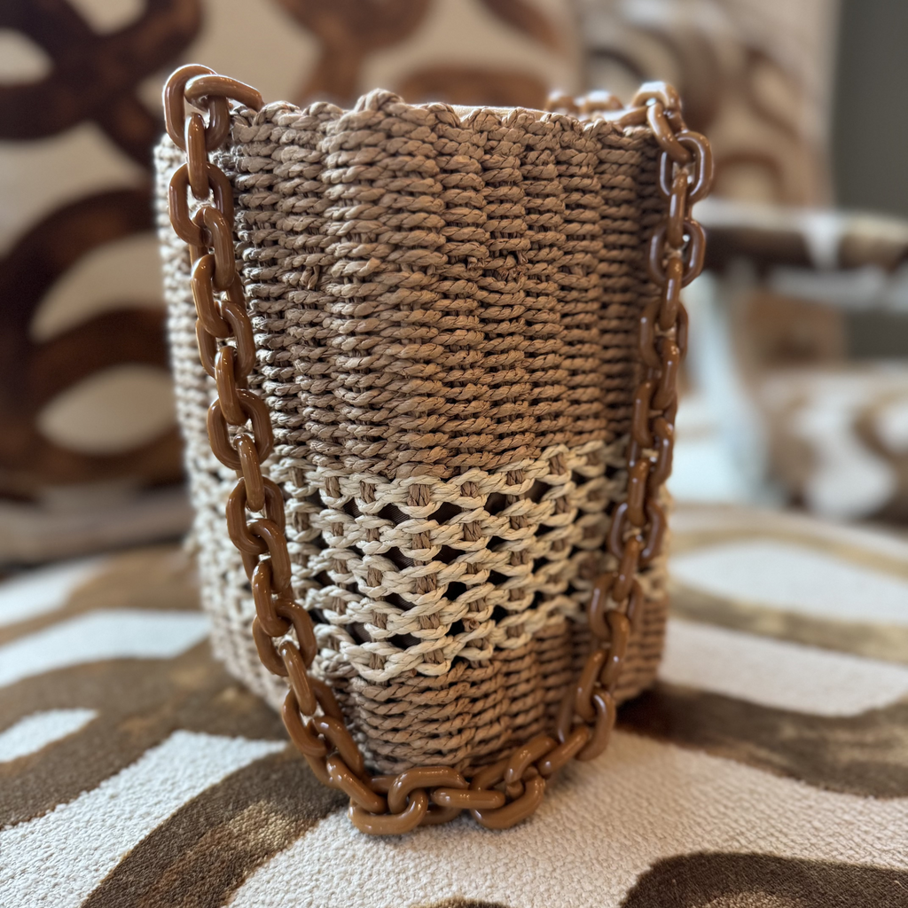 Two Tone Straw Bag with Brown Lucite Link Chain