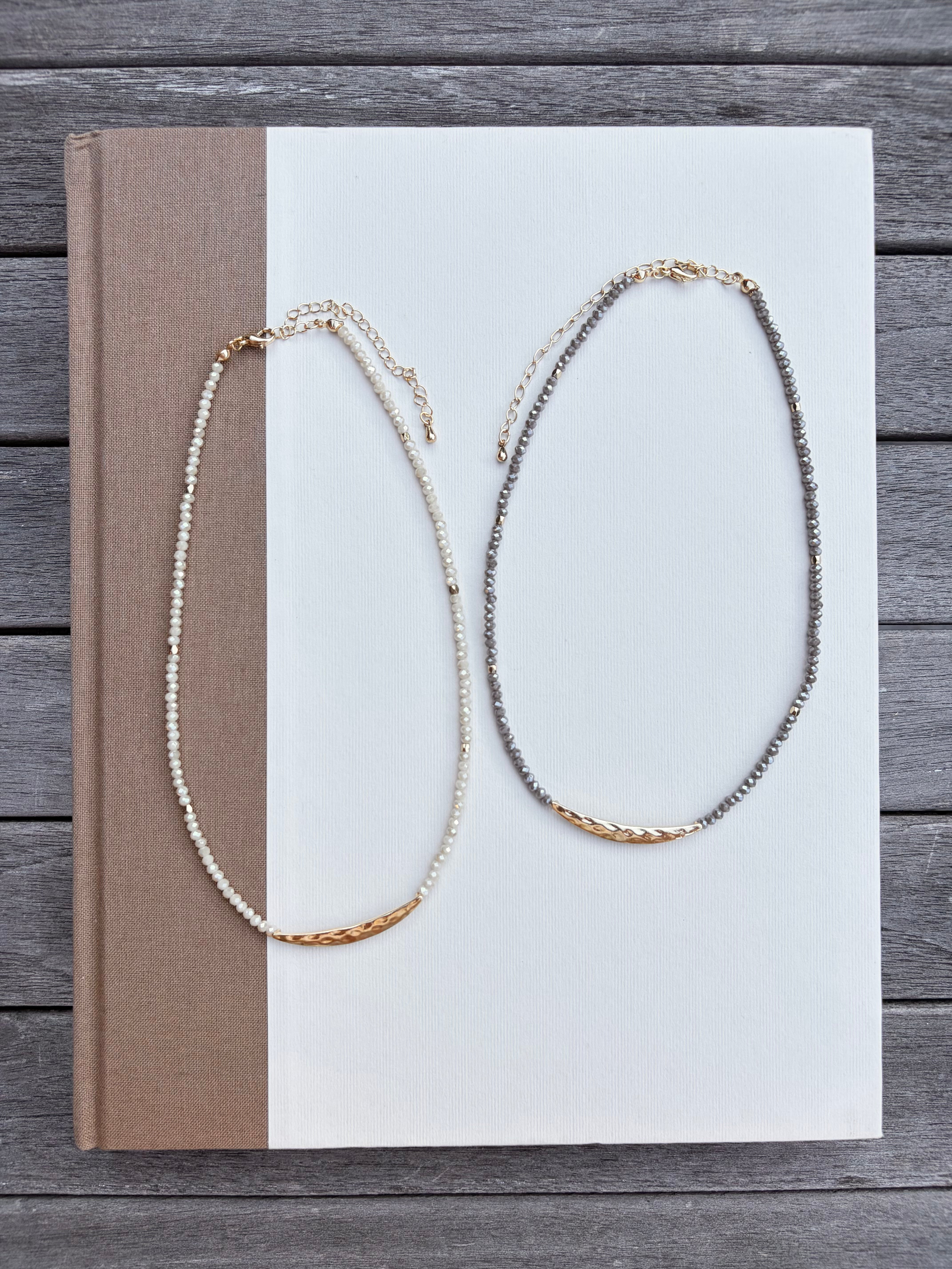 Beaded Necklace with Hammered Gold Bar
