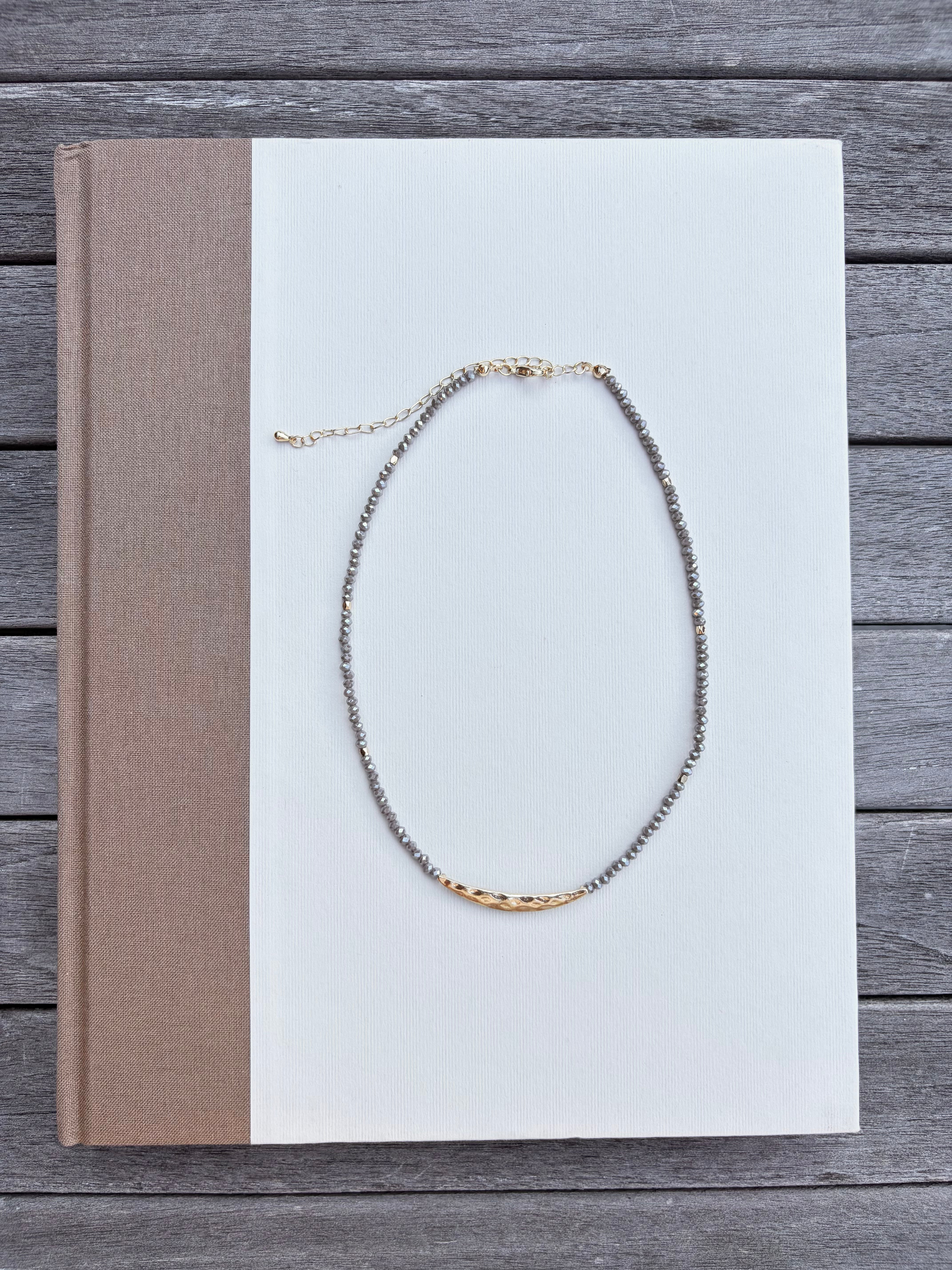 Beaded Necklace with Hammered Gold Bar