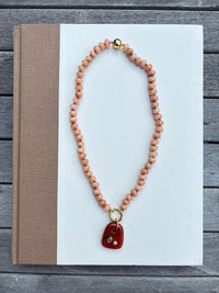 Beige Beaded Necklace with Stone Charm
