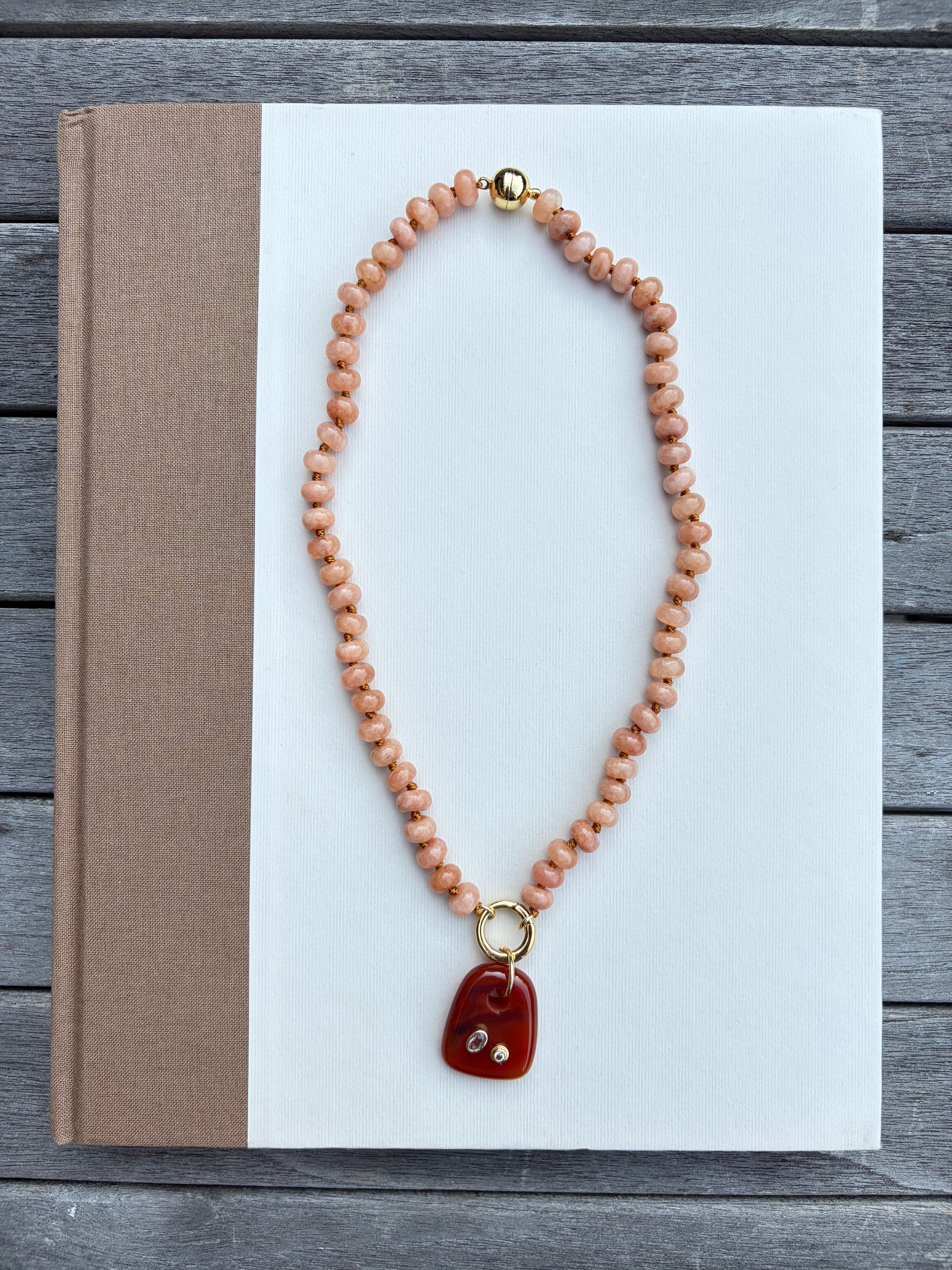 Beige Beaded Necklace with Stone Charm