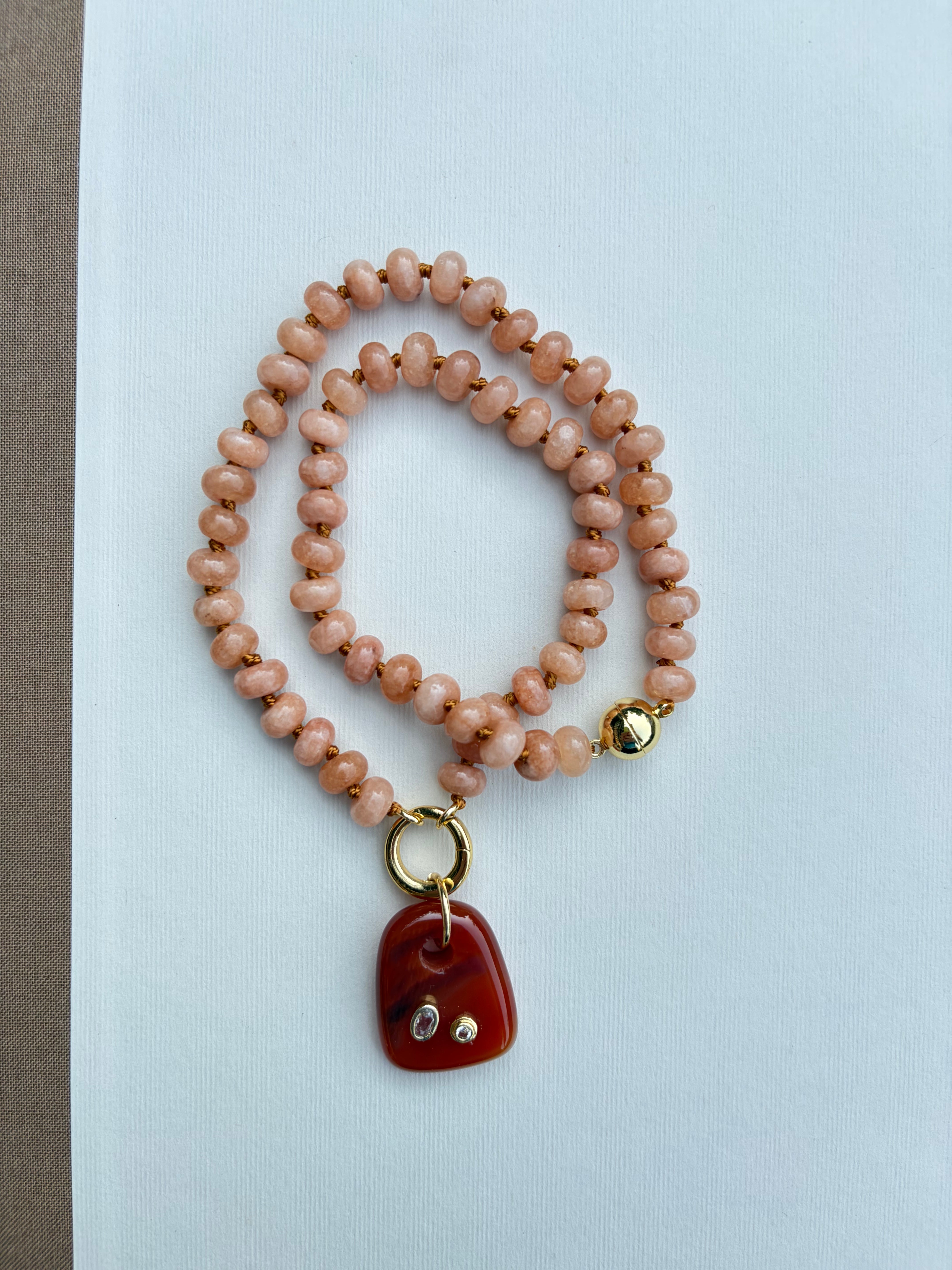 Beige Beaded Necklace with Stone Charm