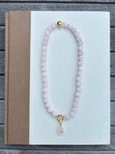 Pink Sugar Cube Beaded Necklace with Pink Stone Charm
