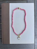 Pink Beaded Necklace with Mother of Pearl Heart Charm