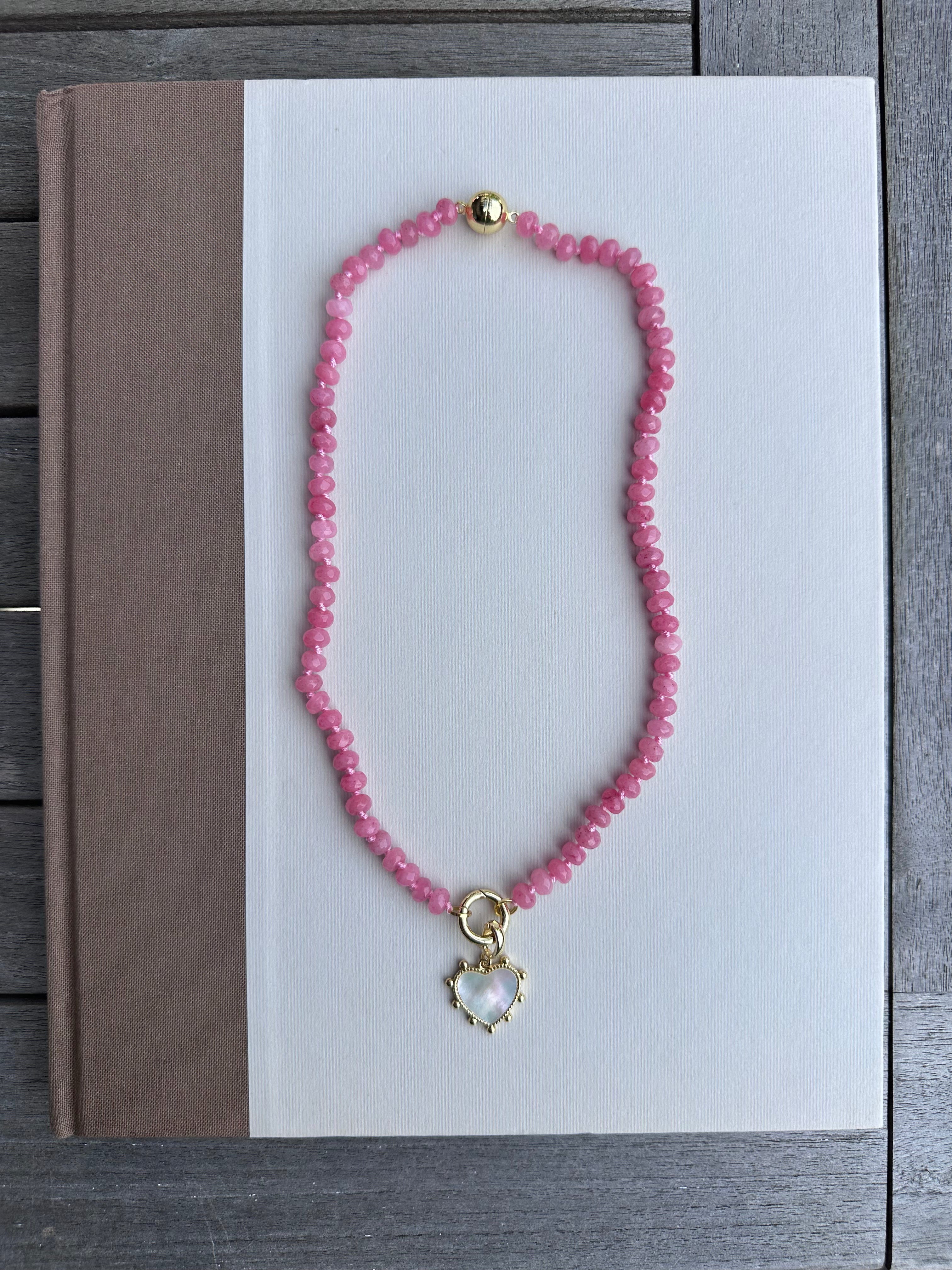 Pink Beaded Necklace with Mother of Pearl Heart Charm