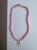 Pink Beaded Necklace with Mother of Pearl Heart Charm
