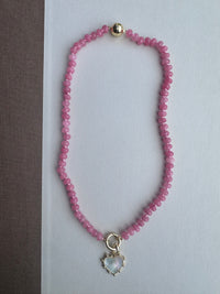 Pink Beaded Necklace with Mother of Pearl Heart Charm