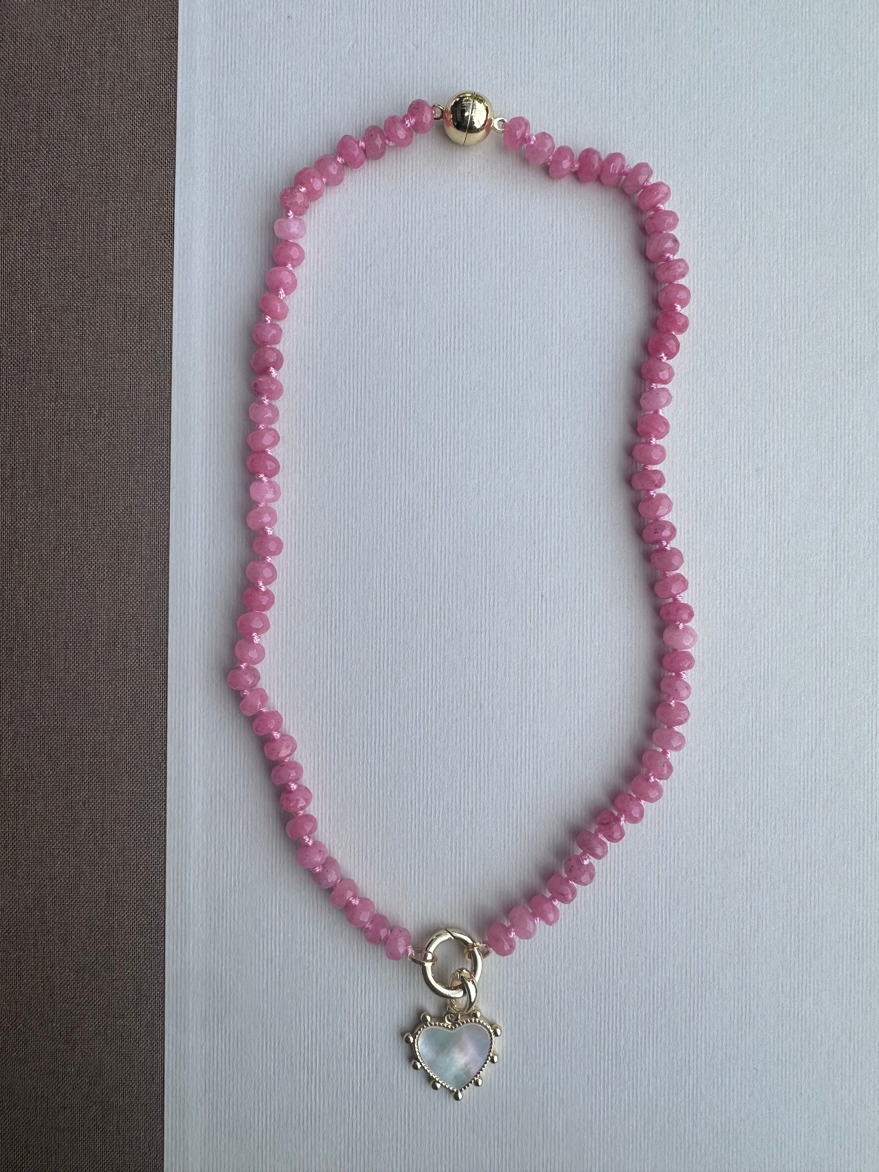 Pink Beaded Necklace with Mother of Pearl Heart Charm