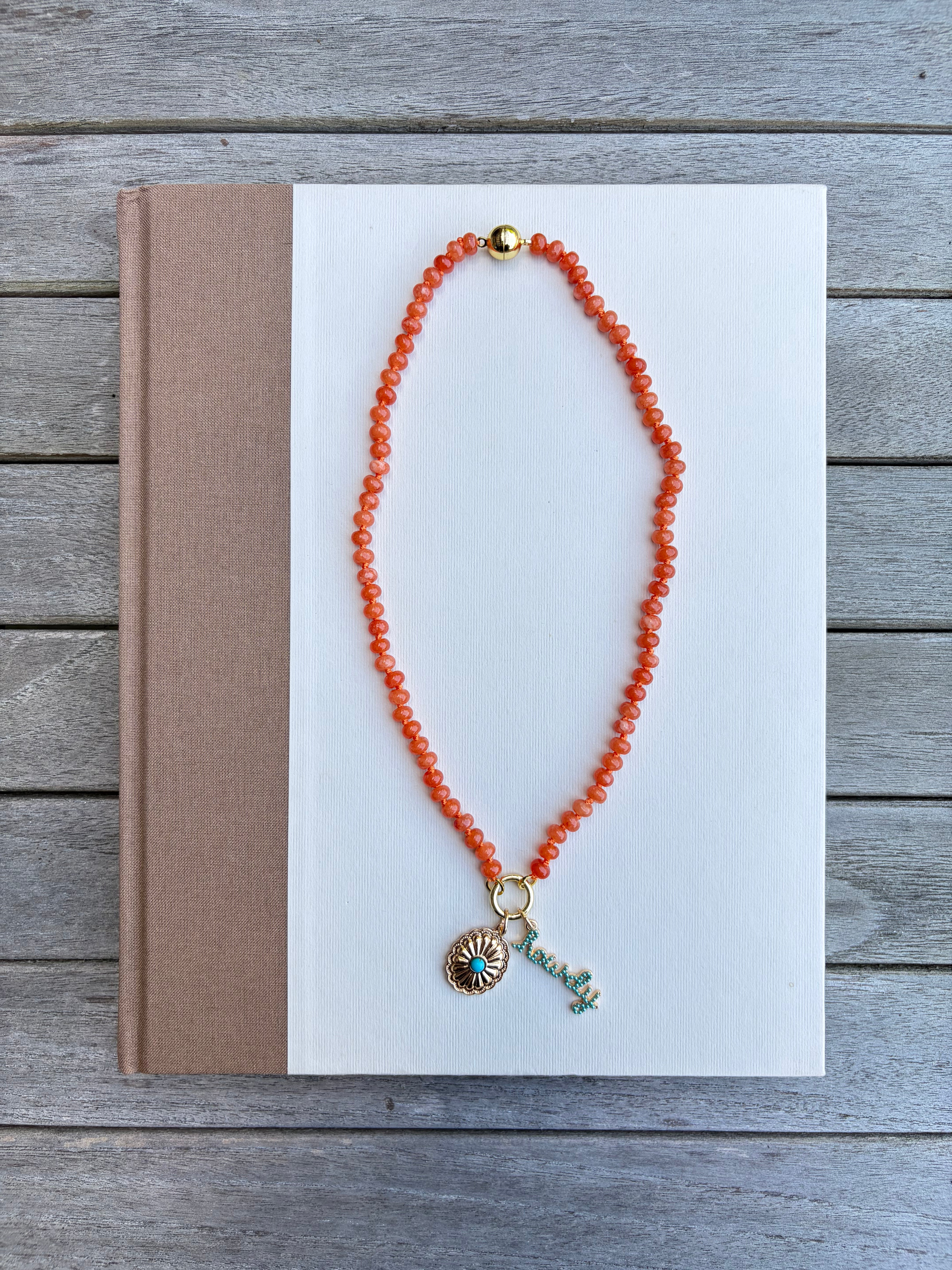 Orange Beaded Necklace with Turquoise Charms