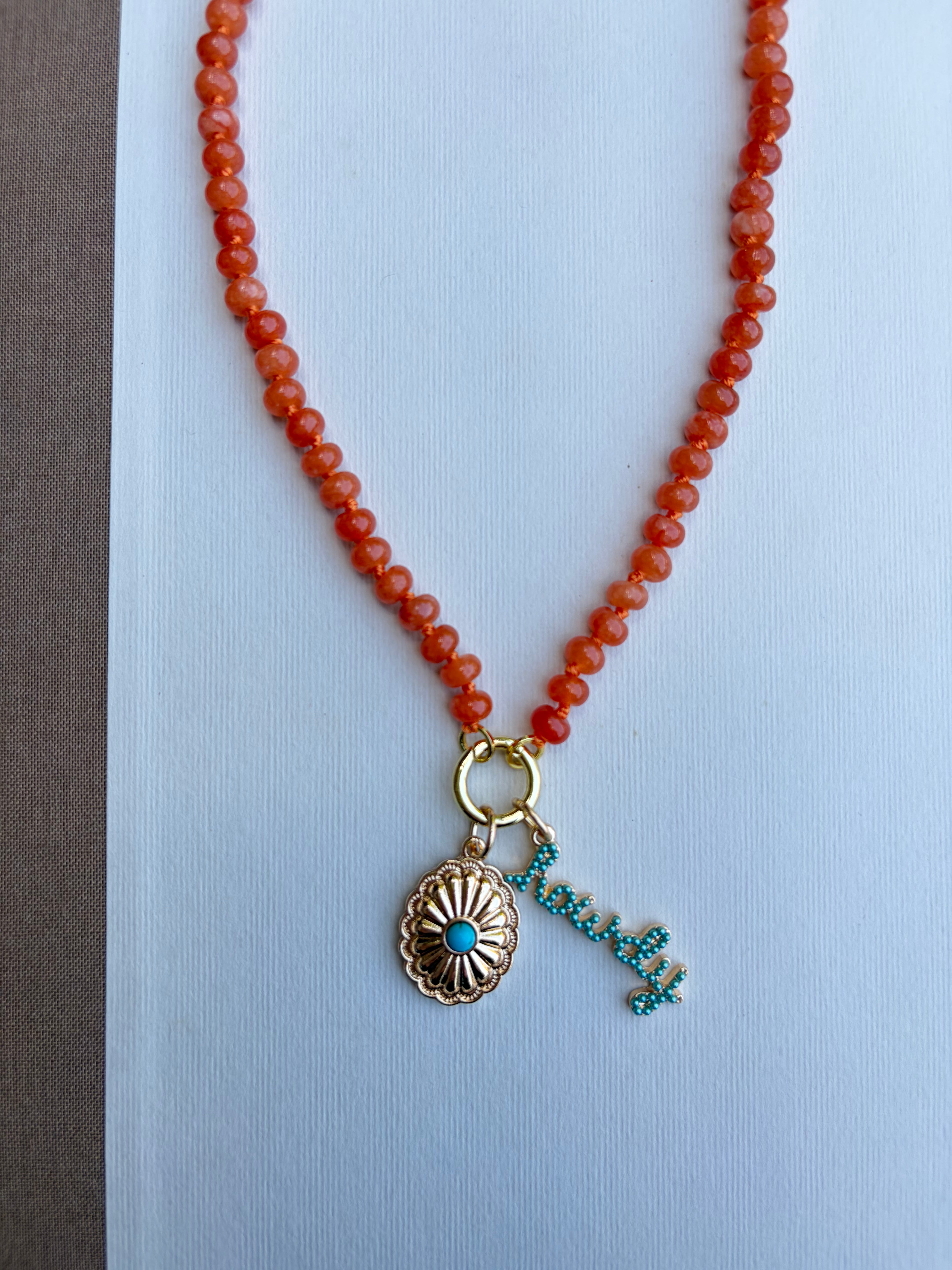 Orange Beaded Necklace with Turquoise Charms