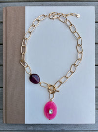 Fuchsia Oval Pendant Lariat Necklace