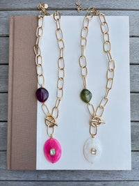 Fuchsia Oval Pendant Lariat Necklace