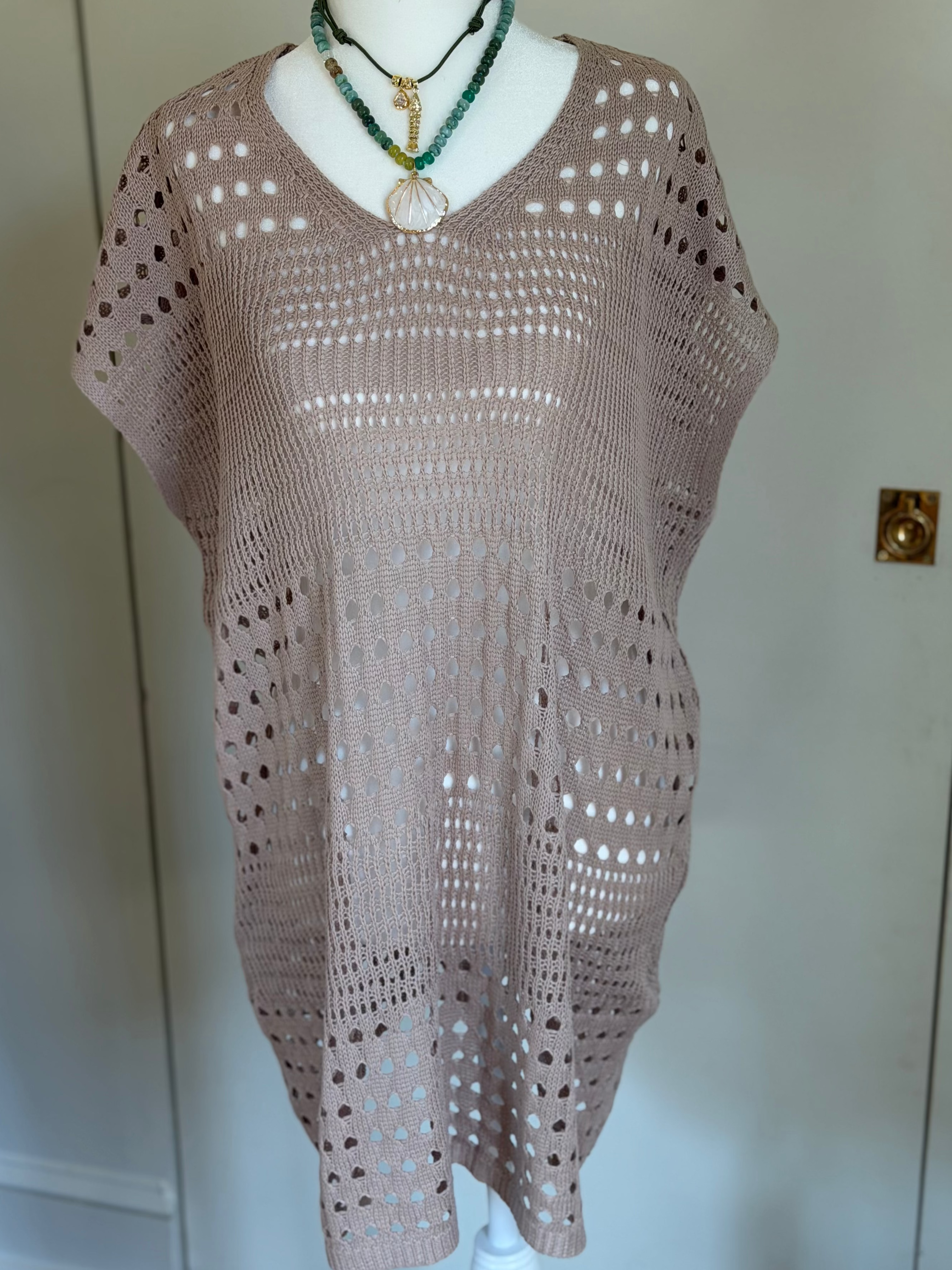Boho Crochet Beach Cover Up Poncho - Taupe