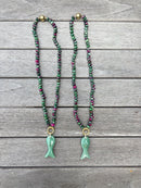 Green & Purple Beaded Fish Necklace
