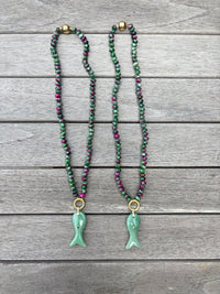 Green & Purple Beaded Fish Necklace