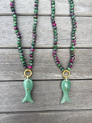 Green & Purple Beaded Fish Necklace