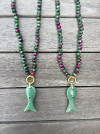 Green & Purple Beaded Fish Necklace