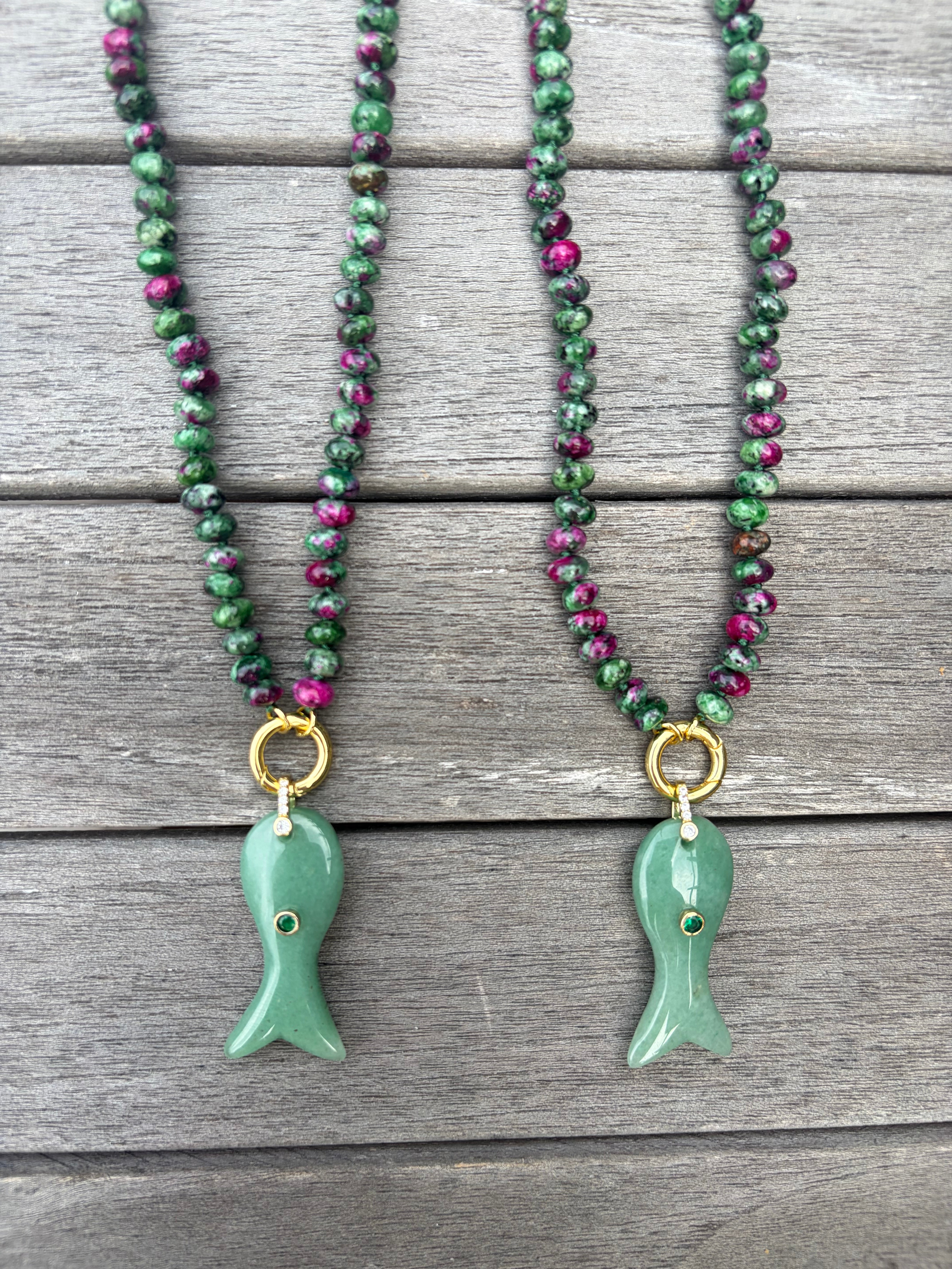 Green & Purple Beaded Fish Necklace