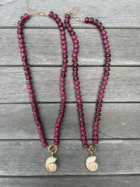 Burgundy Beaded Shell Necklace
