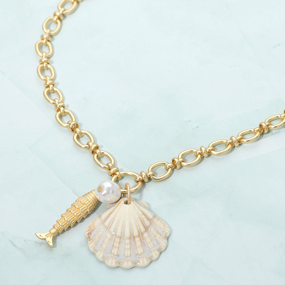 Shell Pearl Fish Charm Pendant Necklace in White