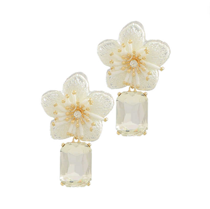 Glass Link Fabric Flower Earrings