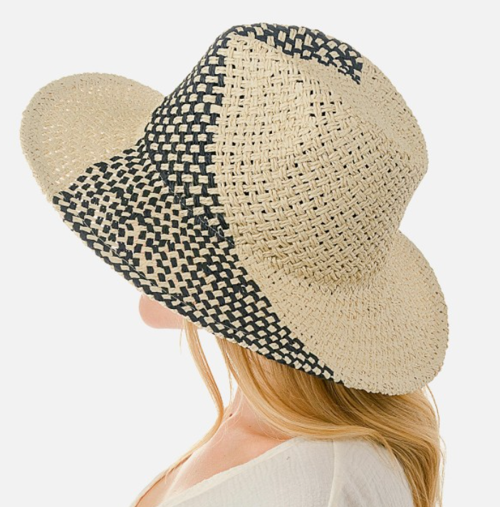 Woven Straw Sun Hat With Diagonal Stripe Detailing