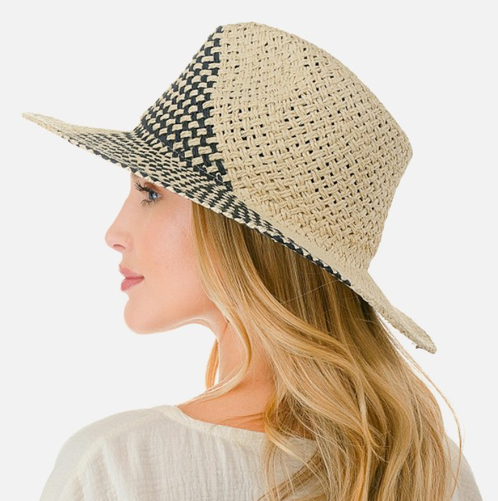 Woven Straw Sun Hat With Diagonal Stripe Detailing