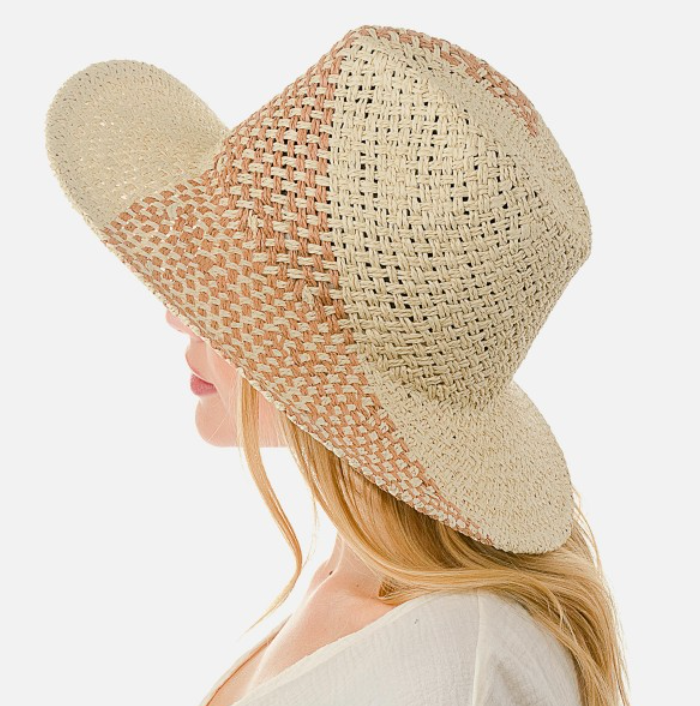 Woven Straw Sun Hat With Diagonal Stripe Detailing