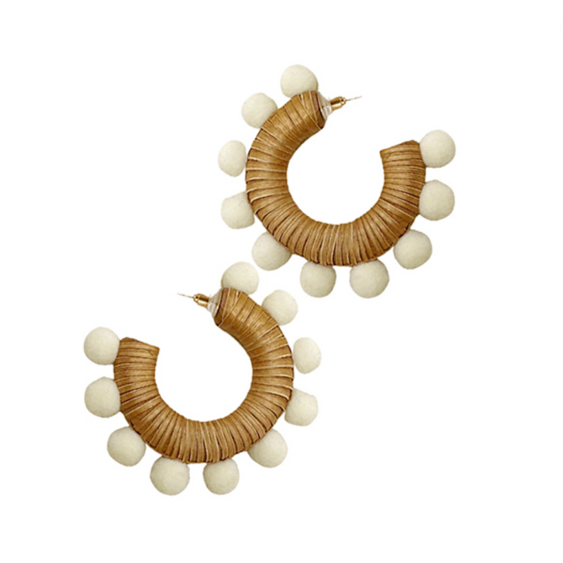 Trimmed Pompom & Rattan Hoops