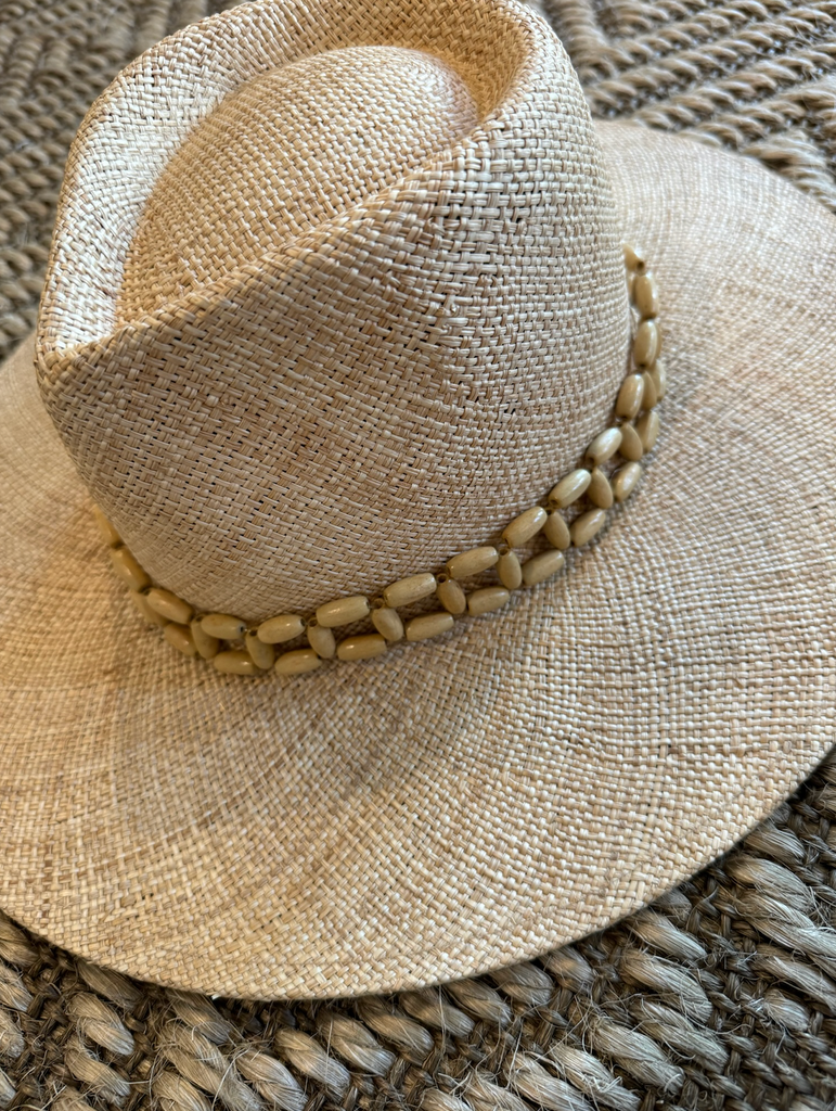 Natural Straw Hat with Natural Bead Accessory